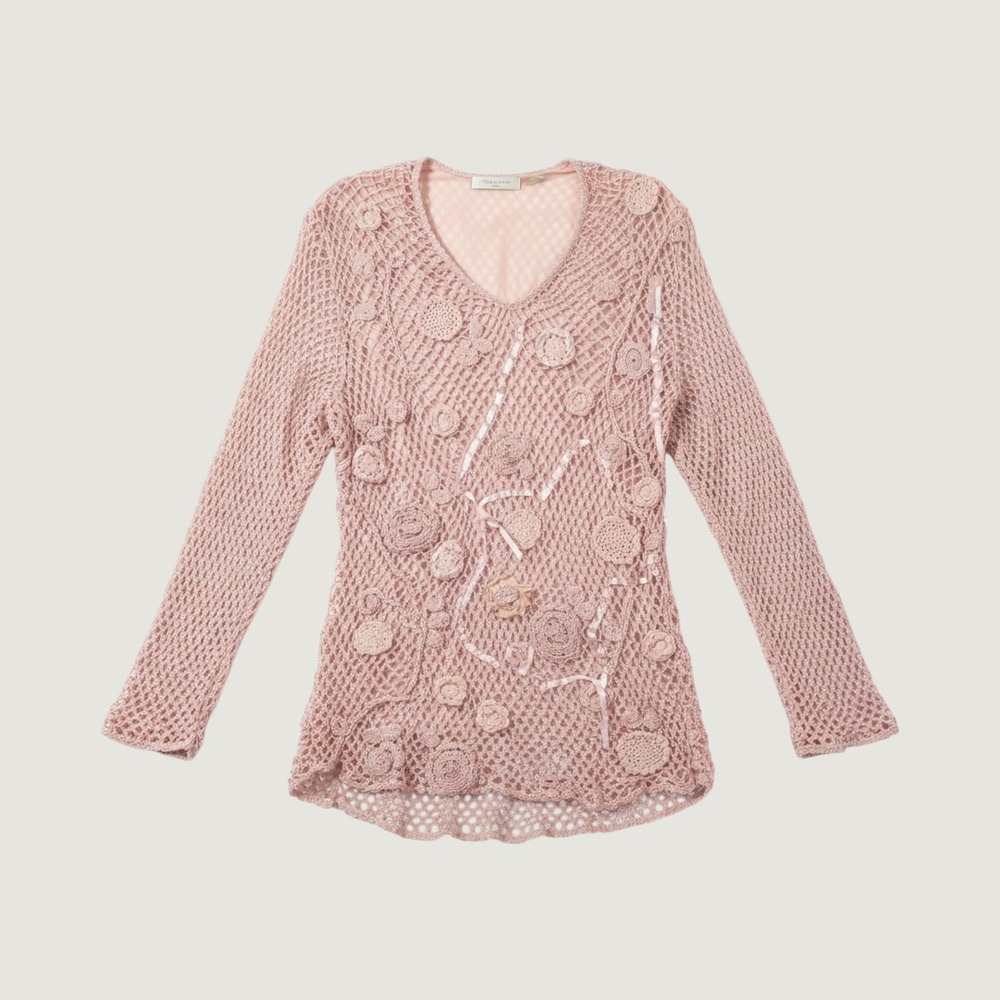 M. Nicole Crochet Floral Top‎ Women Medium Pink Long Sleeve Boho Vintage